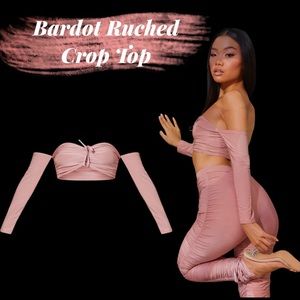 Petite Mauve Slinky Bardot Lng Slv Ruched Cup Crop